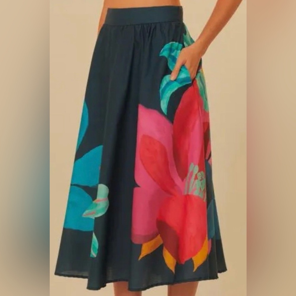 FARM Rio Floral Watercolor Midi Skirt Size S - Picture 2 of 9